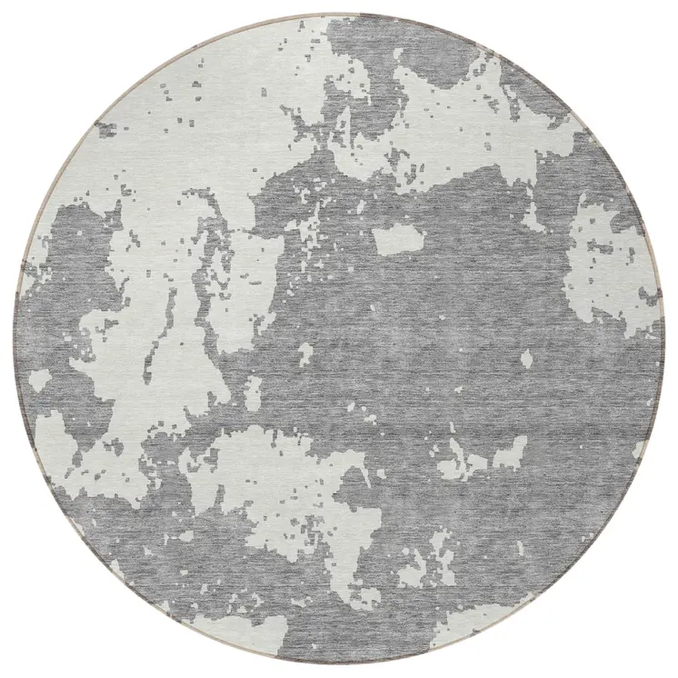 8' Gray And Ivory Round Abstract Washable Indoor Outdoor Area Rug
