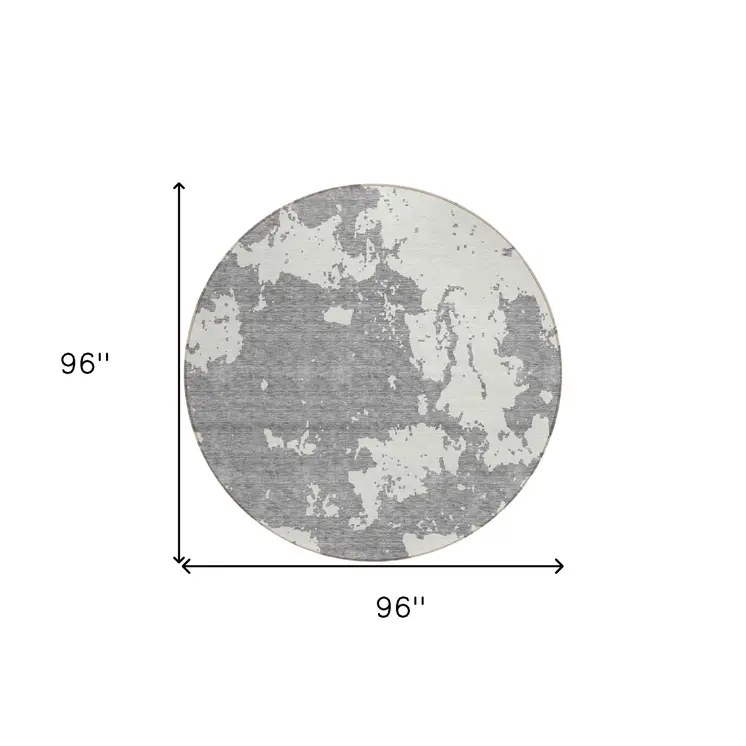 8' Gray And Ivory Round Abstract Washable Indoor Outdoor Area Rug