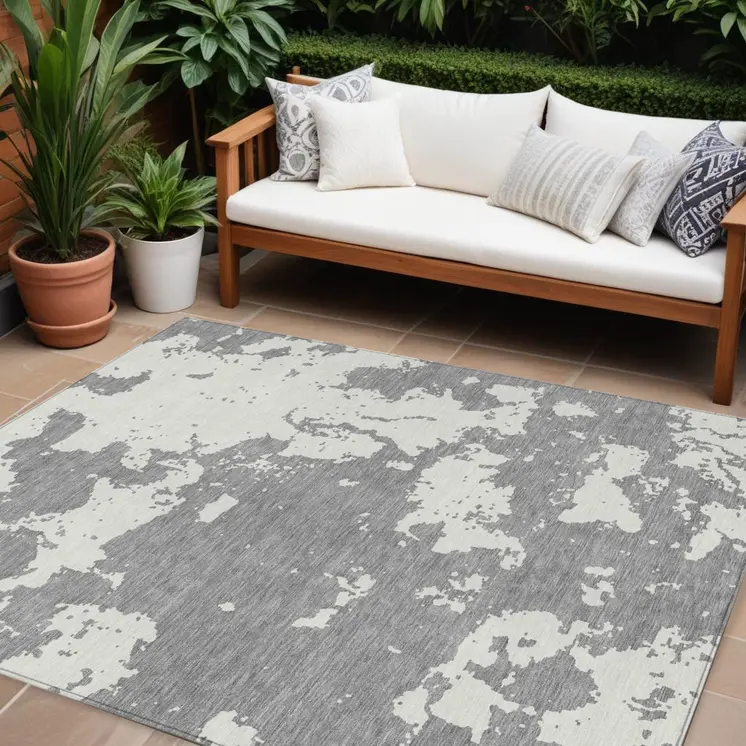 10' X 14' Gray And Ivory Abstract Washable Indoor Outdoor Area Rug