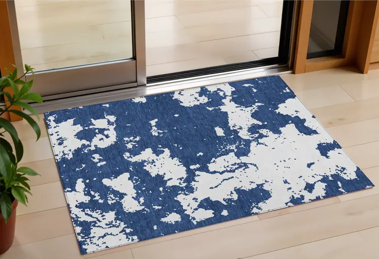 3' X 5' Navy Blue And Ivory Abstract Washable Indoor Outdoor Area Rug