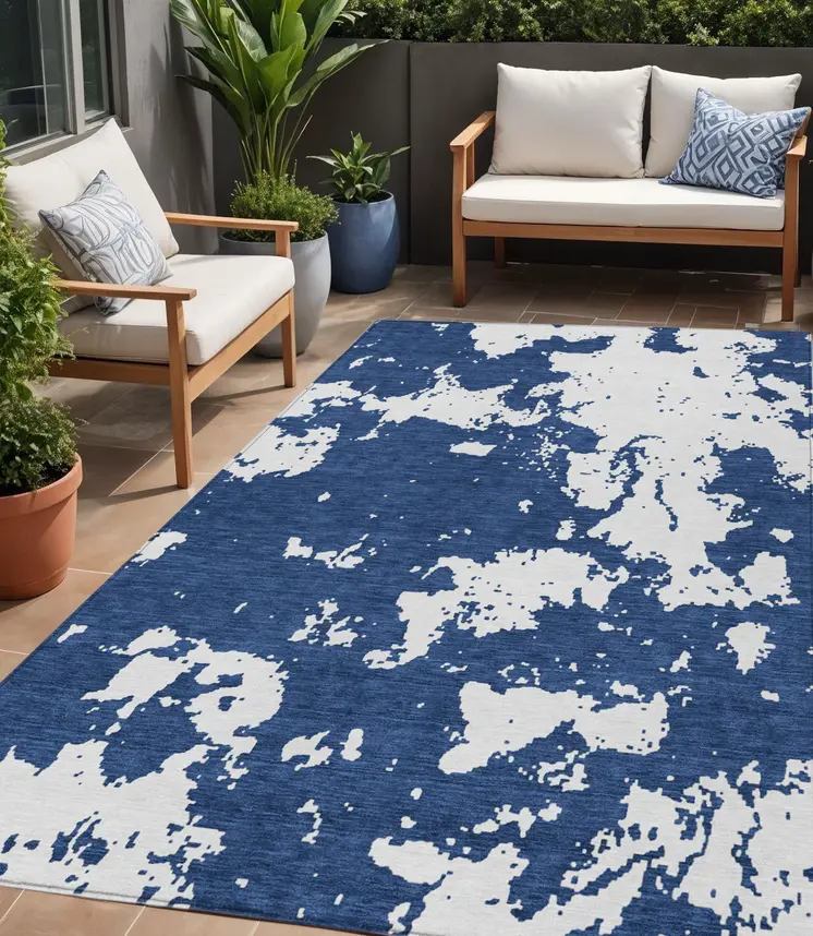 5' X 8' Navy Blue And Ivory Abstract Washable Indoor Outdoor Area Rug