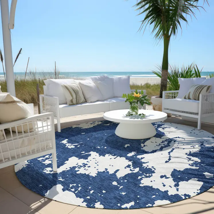 8' Navy Blue And Ivory Round Abstract Washable Indoor Outdoor Area Rug