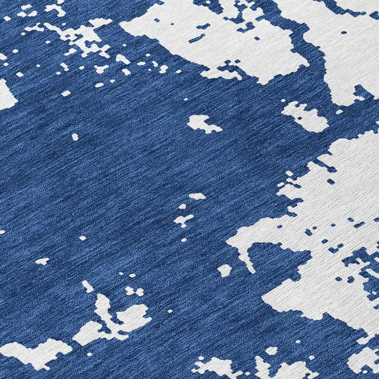 8' Navy Blue And Ivory Round Abstract Washable Indoor Outdoor Area Rug