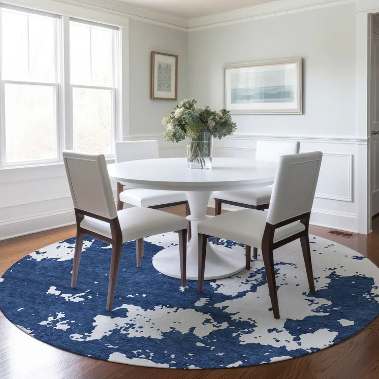 8' Navy Blue And Ivory Round Abstract Washable Indoor Outdoor Area Rug