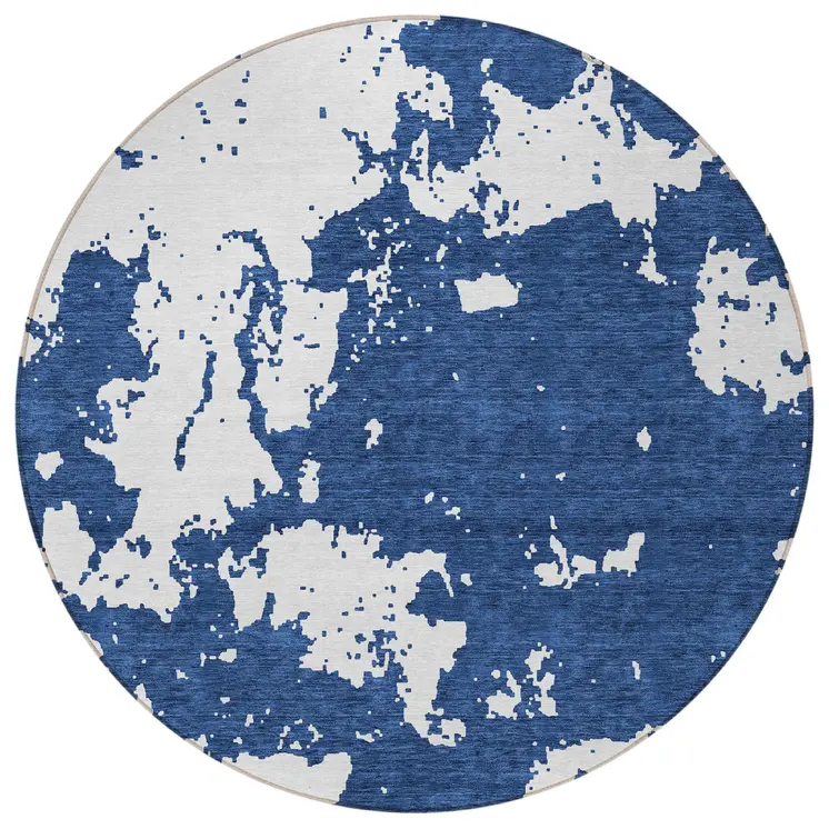 8' Navy Blue And Ivory Round Abstract Washable Indoor Outdoor Area Rug