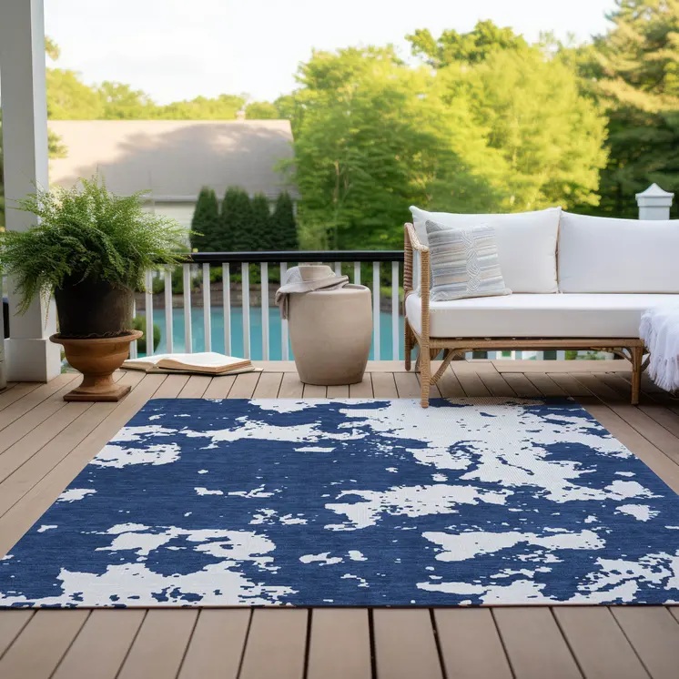 9' X 12' Navy Blue And Ivory Abstract Washable Indoor Outdoor Area Rug