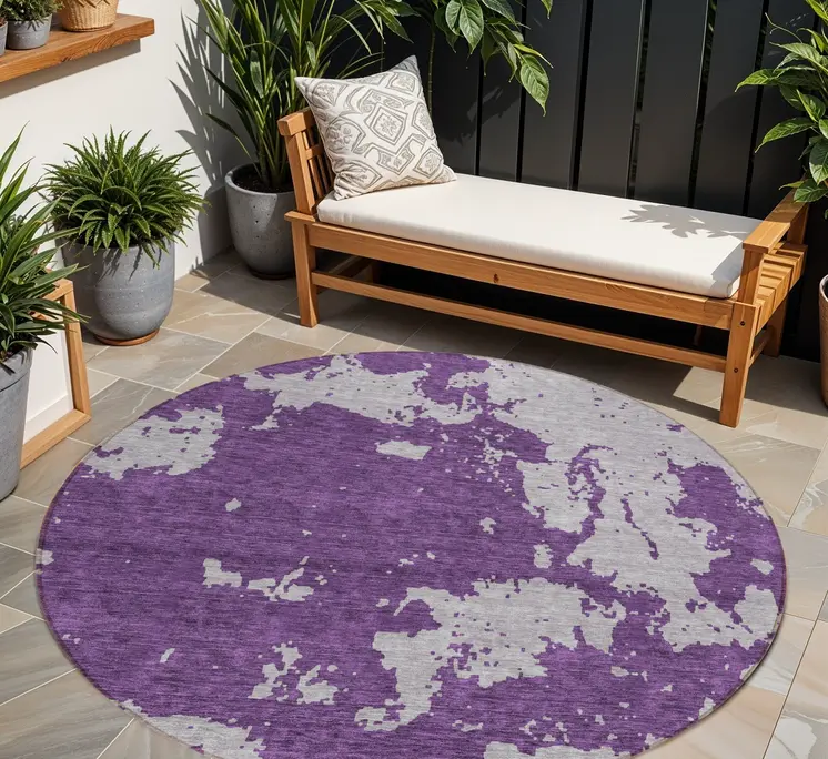 8' Purple And Lavender Round Abstract Washable Indoor Outdoor Area Rug