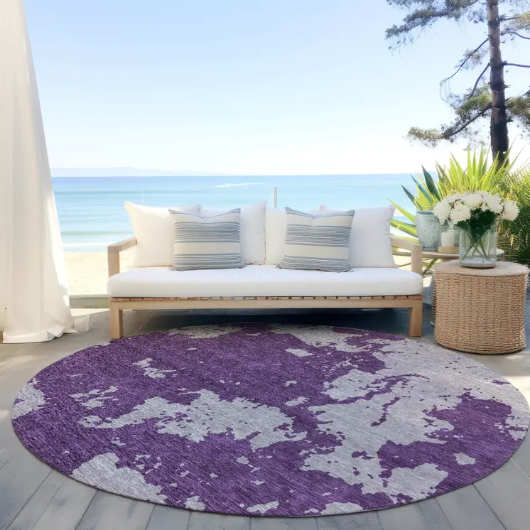 8' Purple And Lavender Round Abstract Washable Indoor Outdoor Area Rug