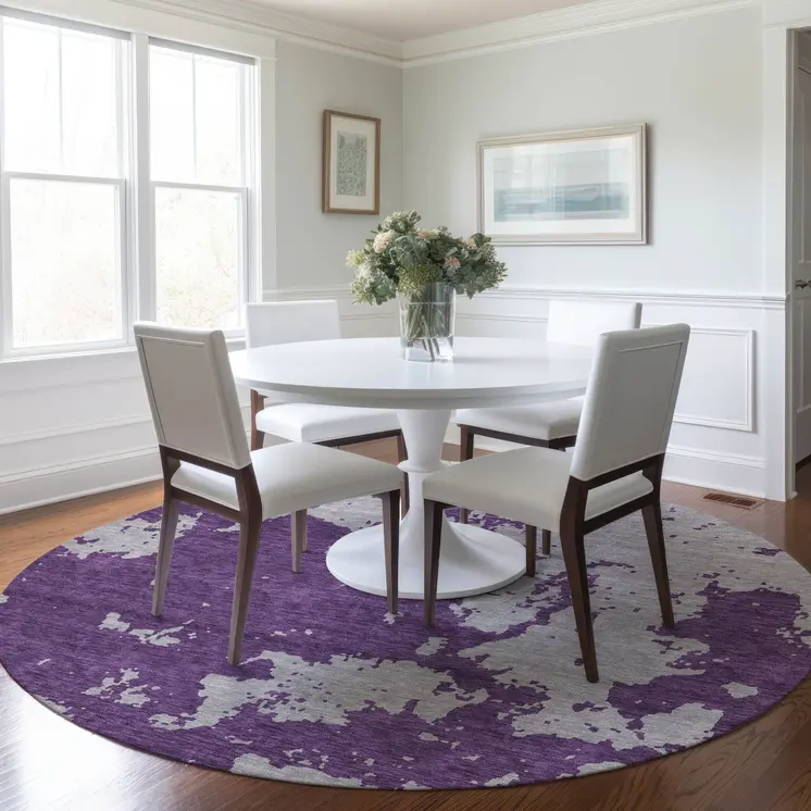 8' Purple And Lavender Round Abstract Washable Indoor Outdoor Area Rug