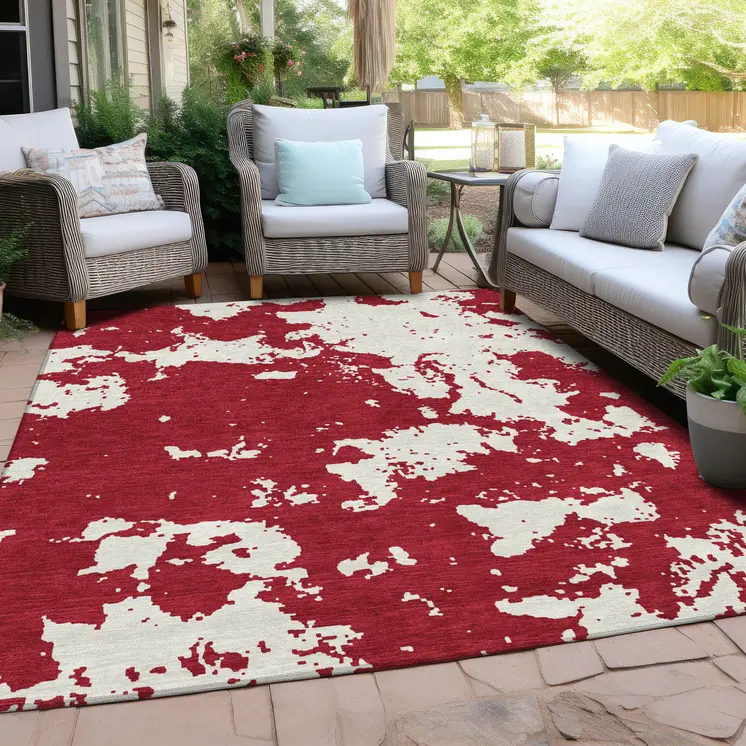 3' X 5' Red And Ivory Abstract Washable Indoor Outdoor Area Rug