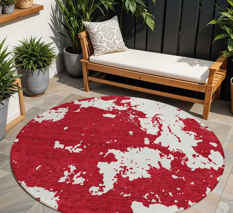 8' Red And Ivory Round Abstract Washable Indoor Outdoor Area Rug