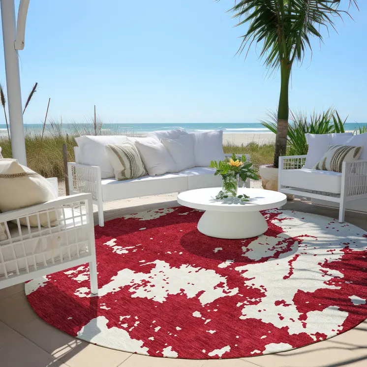 8' Red And Ivory Round Abstract Washable Indoor Outdoor Area Rug