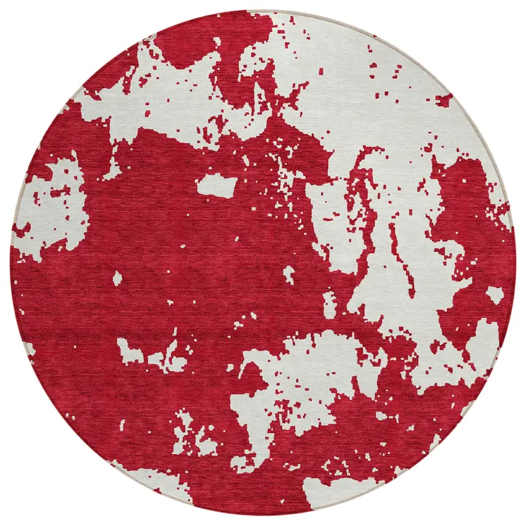 8' Red And Ivory Round Abstract Washable Indoor Outdoor Area Rug