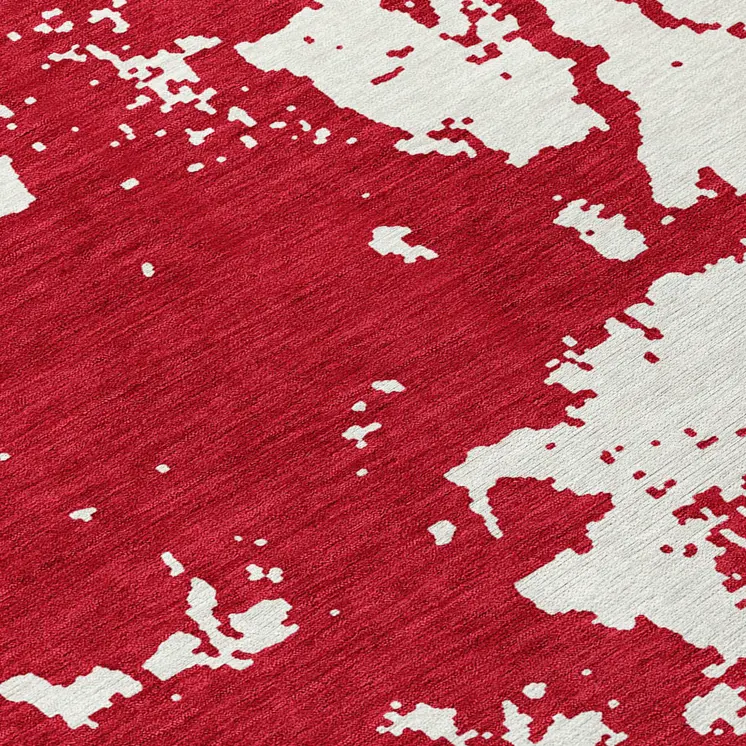 8' Red And Ivory Round Abstract Washable Indoor Outdoor Area Rug