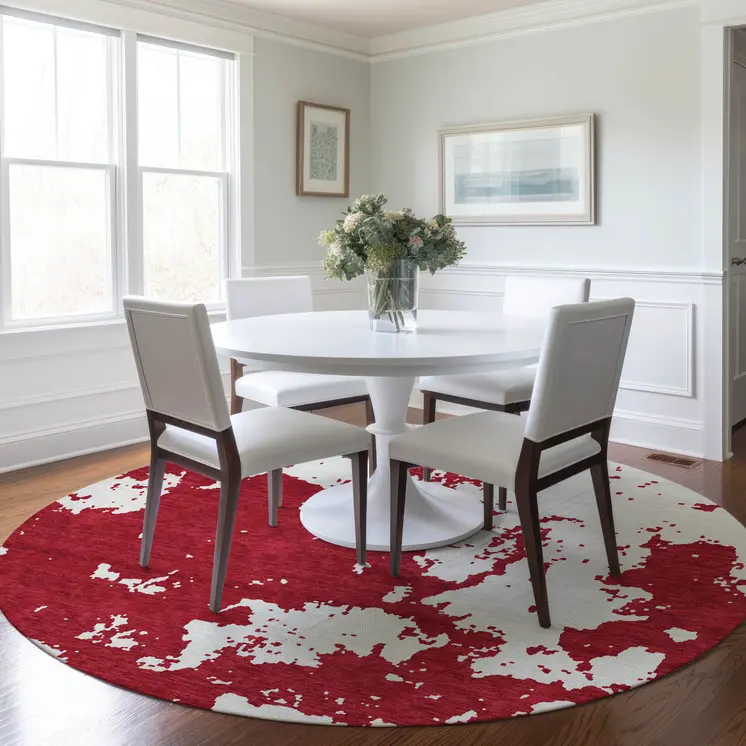8' Red And Ivory Round Abstract Washable Indoor Outdoor Area Rug
