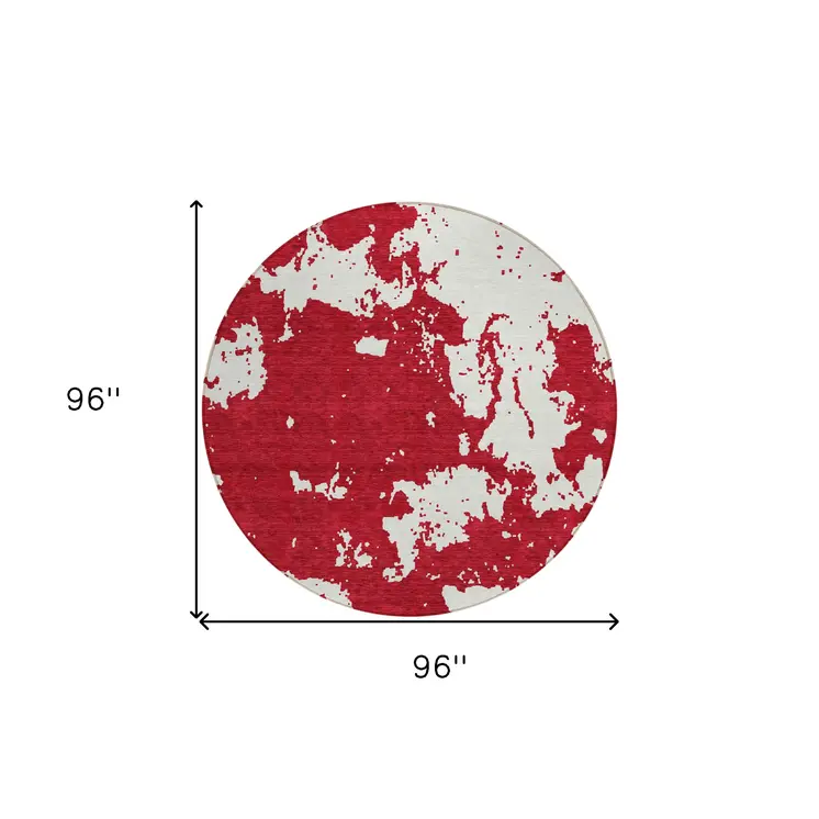 8' Red And Ivory Round Abstract Washable Indoor Outdoor Area Rug