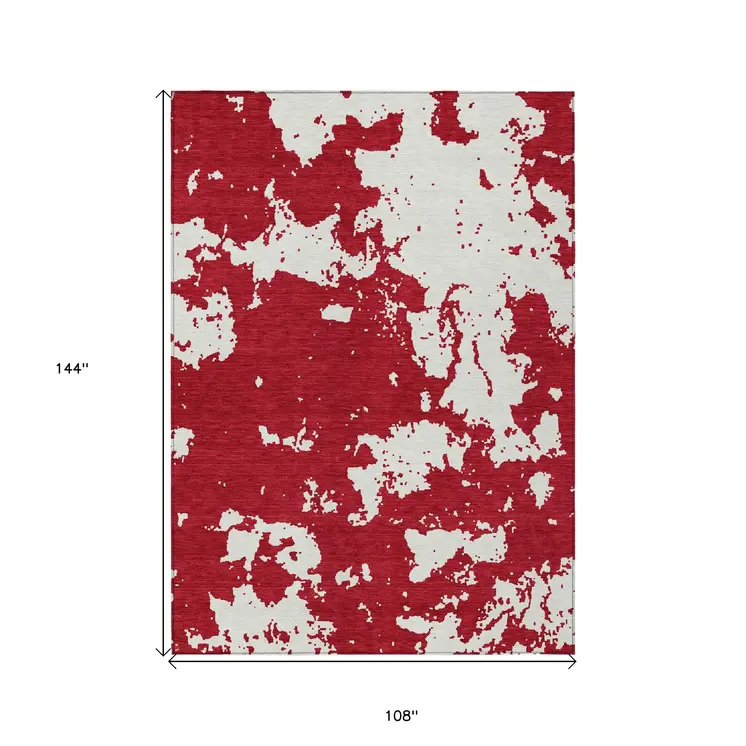 9' X 12' Red And Ivory Abstract Washable Indoor Outdoor Area Rug