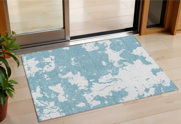 3' X 5' Sky Blue And Ivory Abstract Washable Indoor Outdoor Area Rug