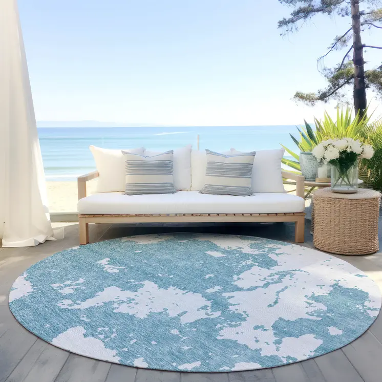 8' Sky Blue And Ivory Round Abstract Washable Indoor Outdoor Area Rug