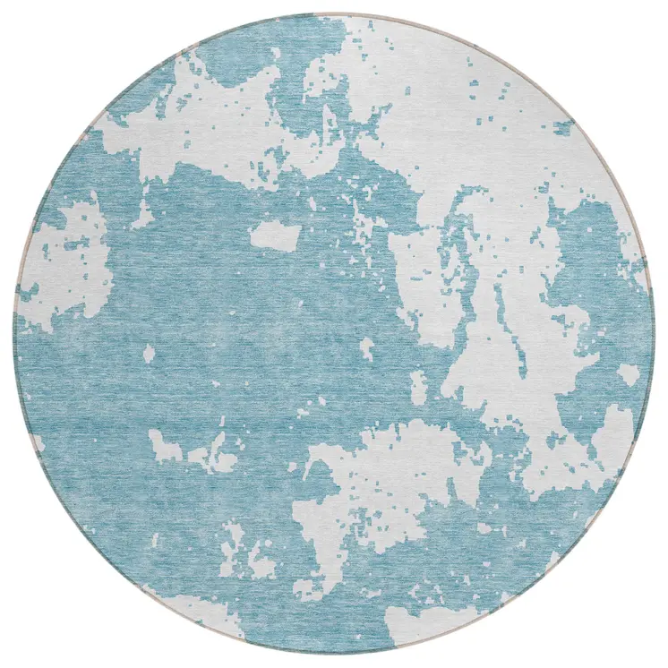 8' Sky Blue And Ivory Round Abstract Washable Indoor Outdoor Area Rug