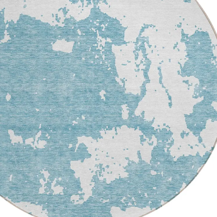8' Sky Blue And Ivory Round Abstract Washable Indoor Outdoor Area Rug
