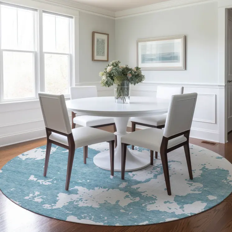 8' Sky Blue And Ivory Round Abstract Washable Indoor Outdoor Area Rug