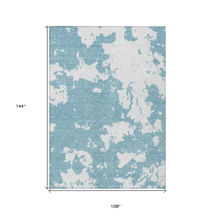 9' X 12' Sky Blue And Ivory Abstract Washable Indoor Outdoor Area Rug