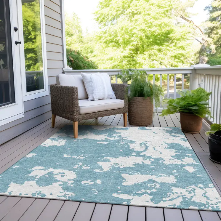 9' X 12' Sky Blue And Ivory Abstract Washable Indoor Outdoor Area Rug