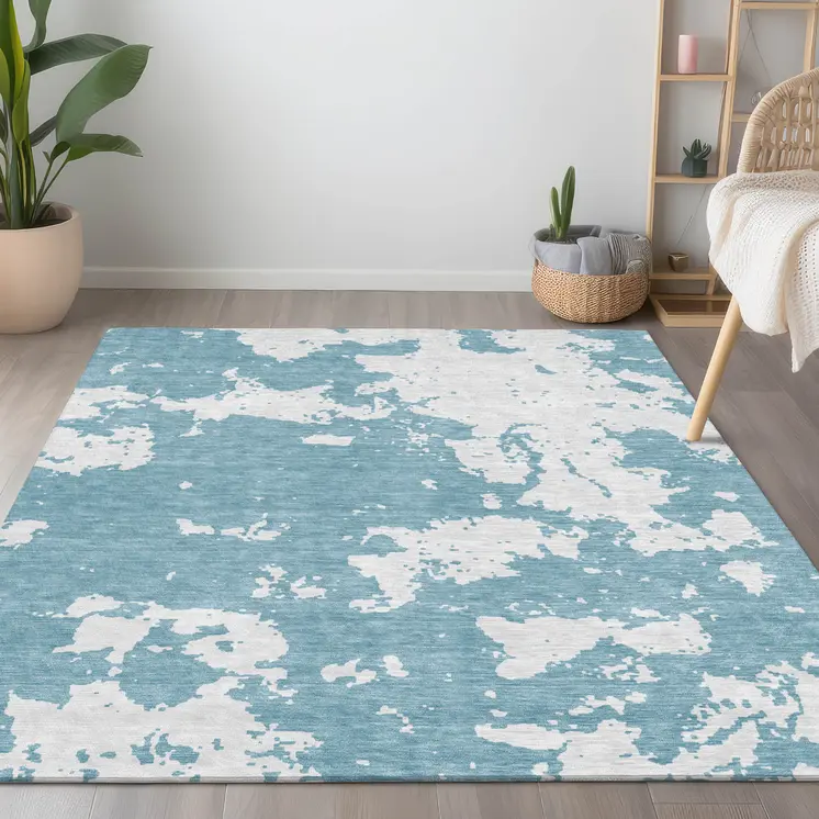 9' X 12' Sky Blue And Ivory Abstract Washable Indoor Outdoor Area Rug