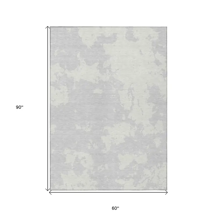 5' X 8' Silver And Gray Abstract Washable Indoor Outdoor Area Rug