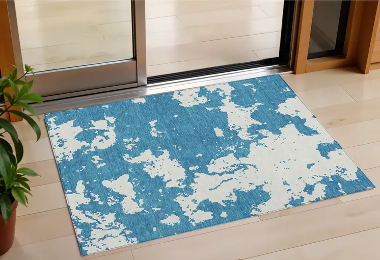 3' X 5' Teal Blue And Ivory Abstract Washable Indoor Outdoor Area Rug