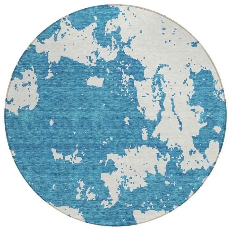 8' Teal Blue And Ivory Round Abstract Washable Indoor Outdoor Area Rug