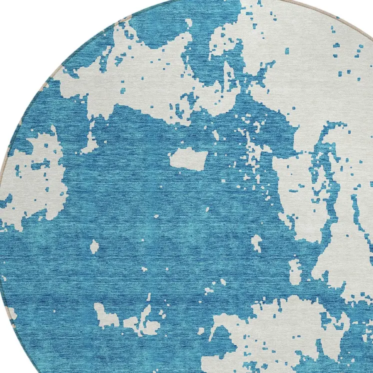 8' Teal Blue And Ivory Round Abstract Washable Indoor Outdoor Area Rug