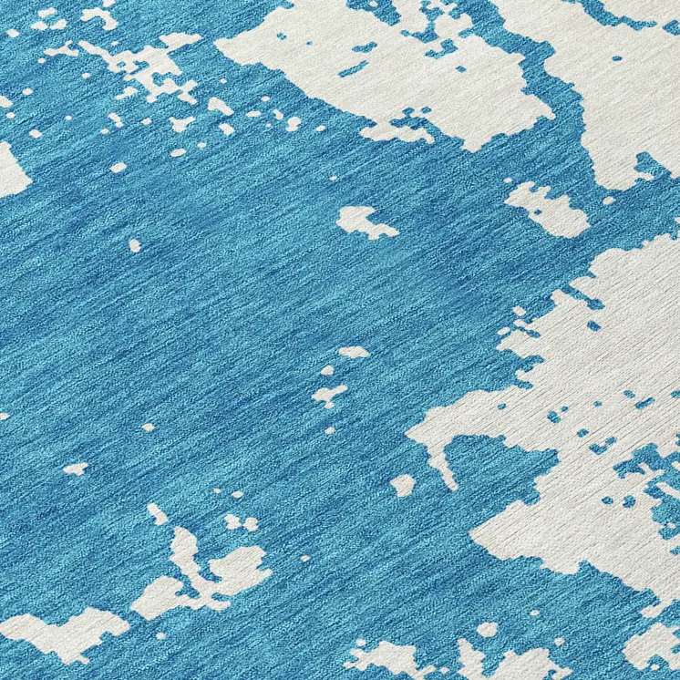 8' Teal Blue And Ivory Round Abstract Washable Indoor Outdoor Area Rug