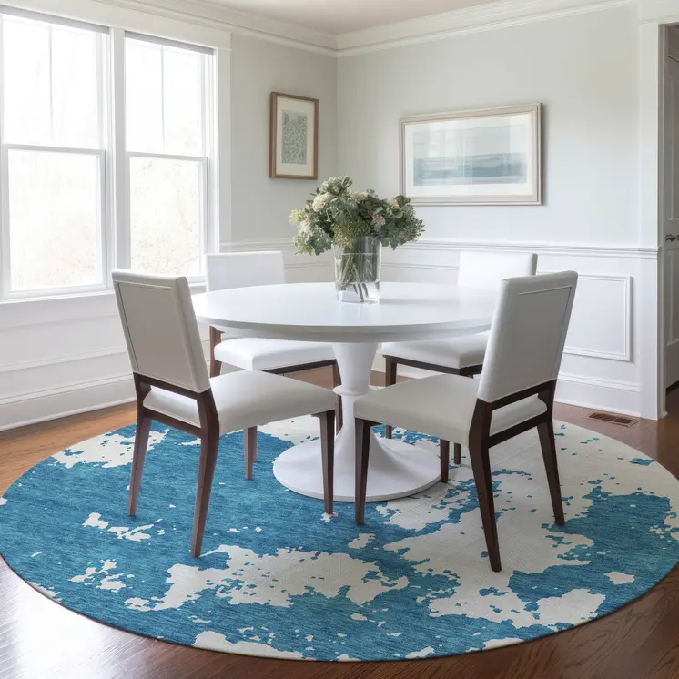 8' Teal Blue And Ivory Round Abstract Washable Indoor Outdoor Area Rug