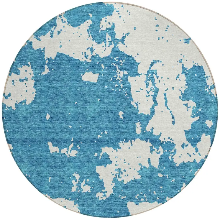 8' Teal Blue And Ivory Round Abstract Washable Indoor Outdoor Area Rug