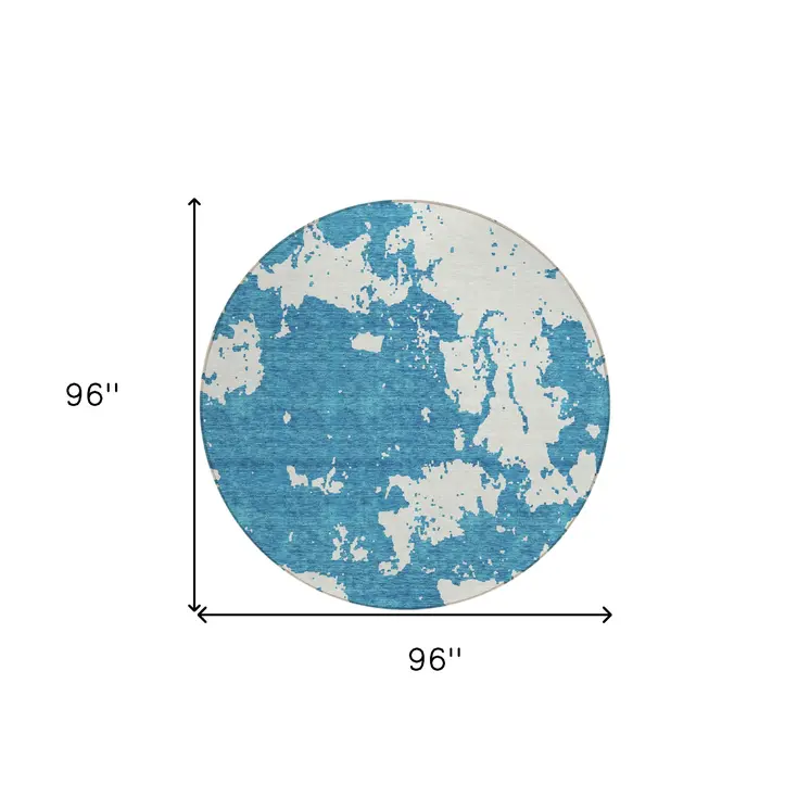 8' Teal Blue And Ivory Round Abstract Washable Indoor Outdoor Area Rug