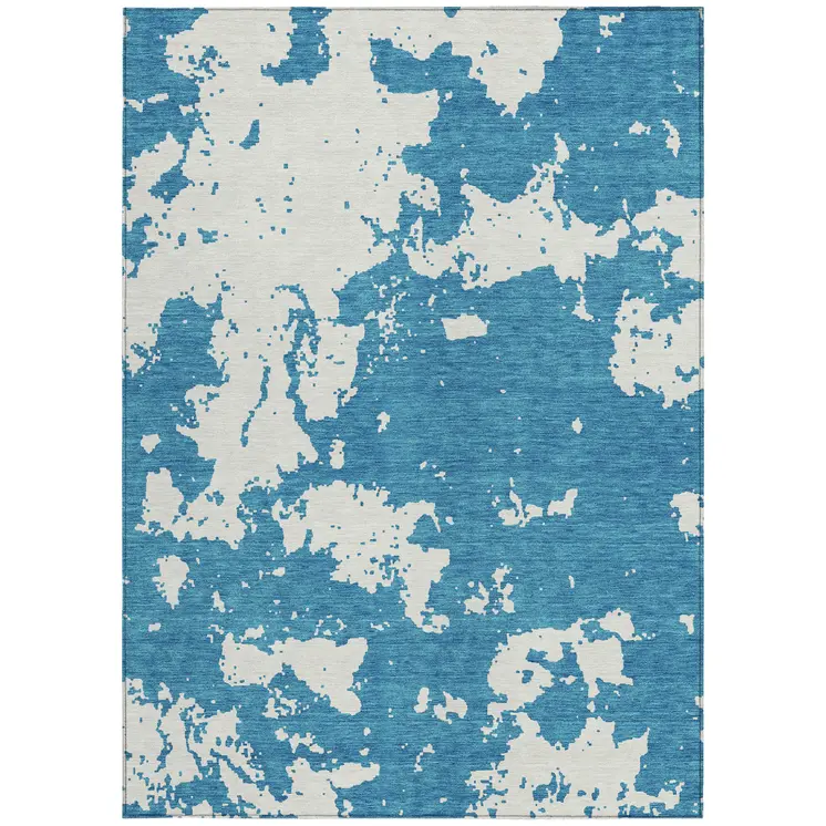 10' X 14' Teal Blue And Ivory Abstract Washable Indoor Outdoor Area Rug