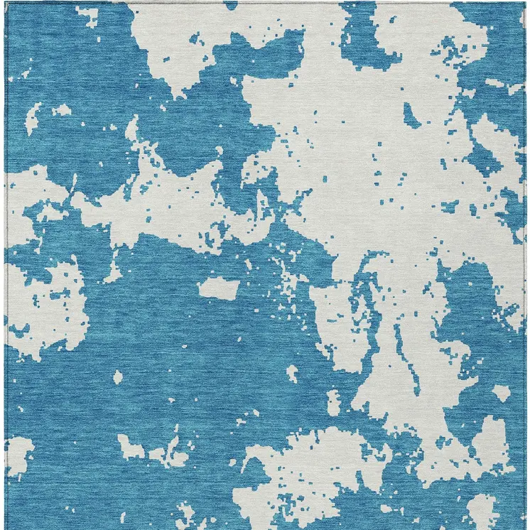10' X 14' Teal Blue And Ivory Abstract Washable Indoor Outdoor Area Rug