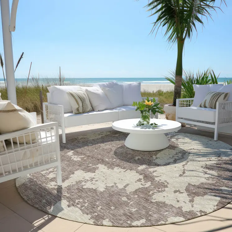8' Taupe And Beige Round Abstract Washable Indoor Outdoor Area Rug