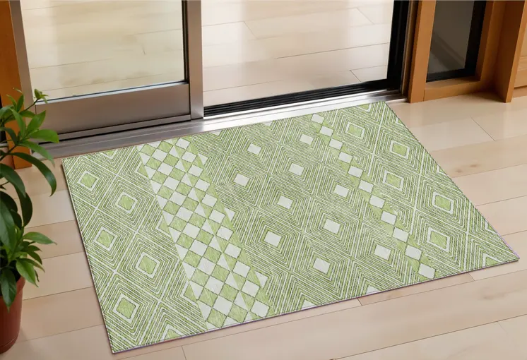3' X 5' Artichoke Green And Ivory Geometric Washable Indoor Outdoor Area Rug