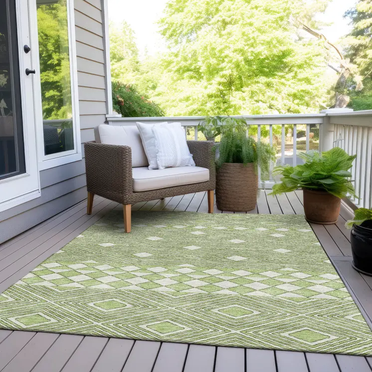 3' X 5' Artichoke Green And Ivory Geometric Washable Indoor Outdoor Area Rug