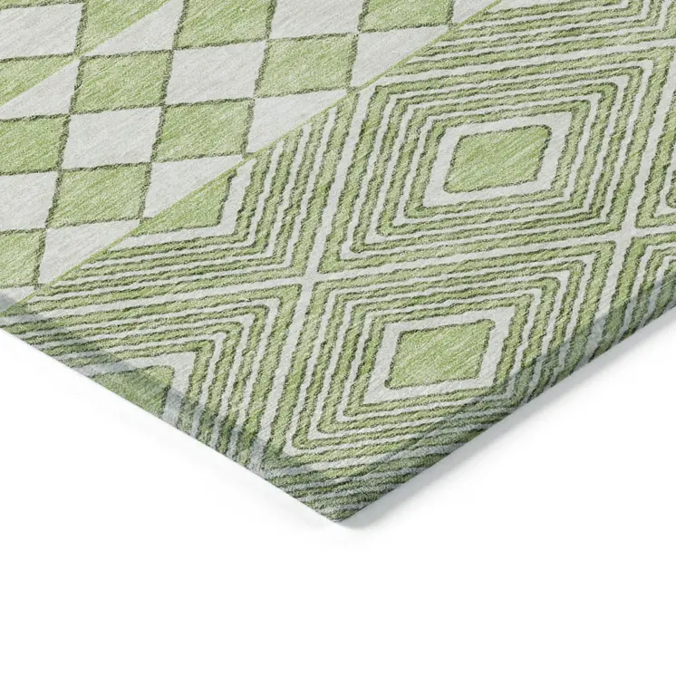 3' X 5' Artichoke Green And Ivory Geometric Washable Indoor Outdoor Area Rug