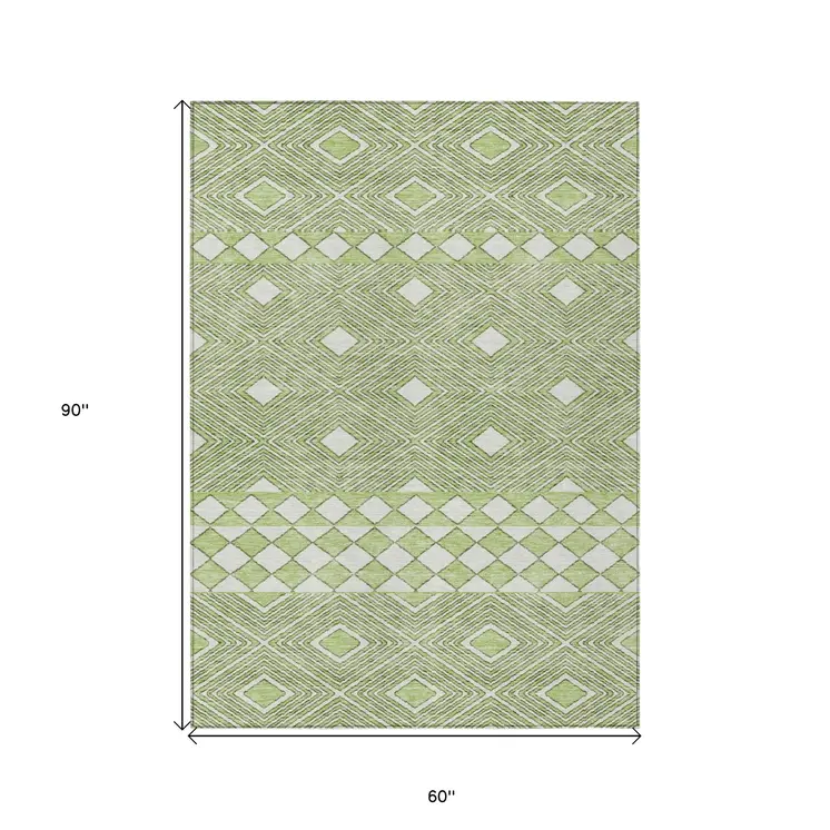 5' X 8' Artichoke Green And Ivory Geometric Washable Indoor Outdoor Area Rug