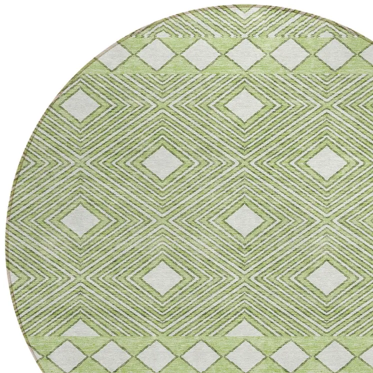 8' Artichoke Green And Ivory Round Geometric Washable Indoor Outdoor Area Rug