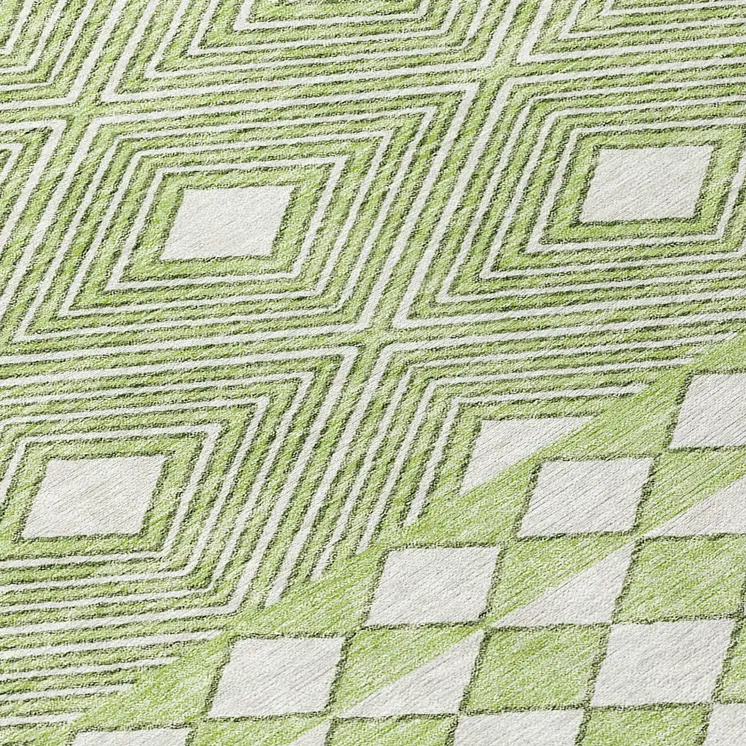 8' Artichoke Green And Ivory Round Geometric Washable Indoor Outdoor Area Rug
