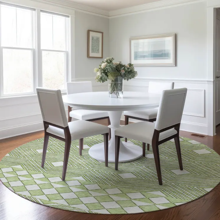 8' Artichoke Green And Ivory Round Geometric Washable Indoor Outdoor Area Rug
