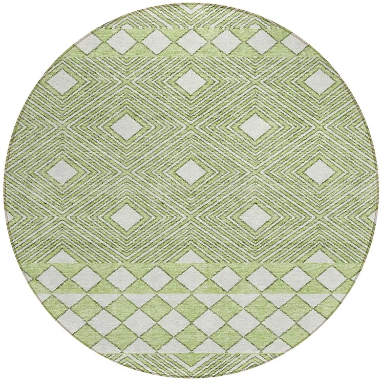 8' Artichoke Green And Ivory Round Geometric Washable Indoor Outdoor Area Rug