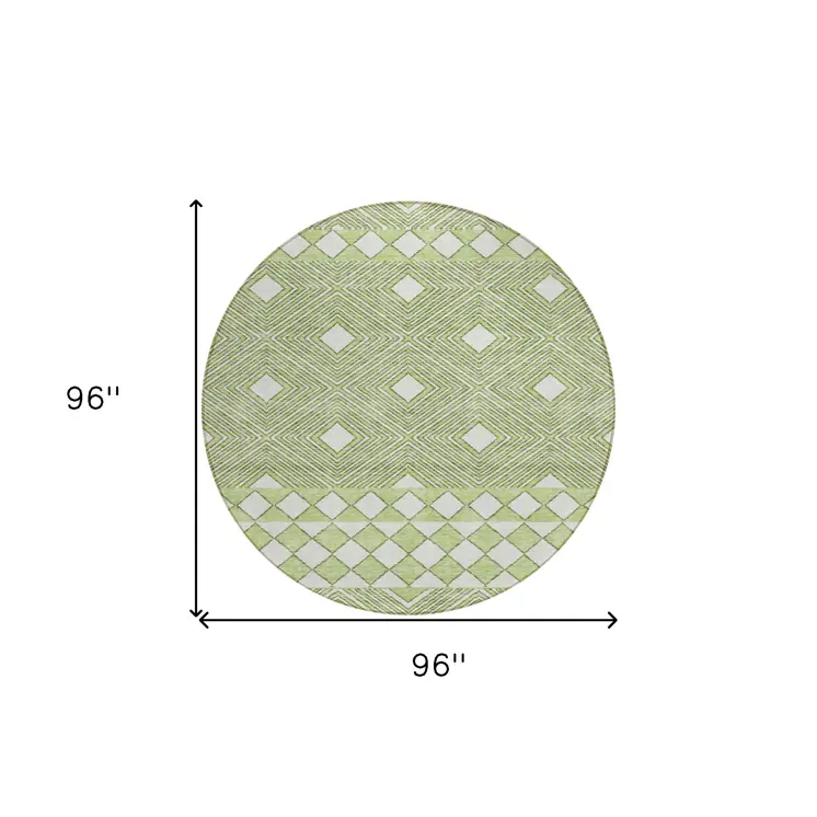 8' Artichoke Green And Ivory Round Geometric Washable Indoor Outdoor Area Rug