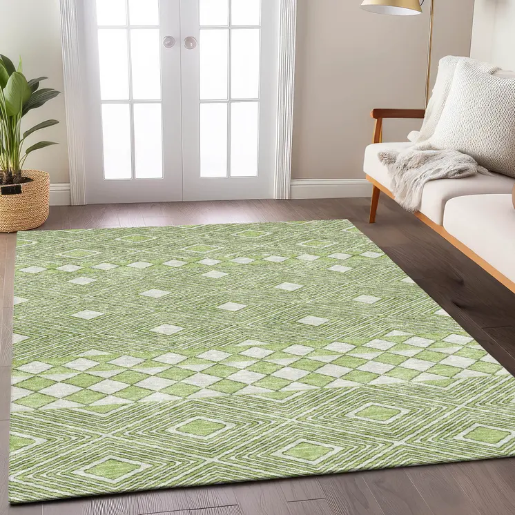9' X 12' Artichoke Green And Ivory Geometric Washable Indoor Outdoor Area Rug